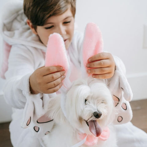 A happy little boy enjoying Easter with her white dog, prompting the query "What can my dog eat for Easter dinner?"
