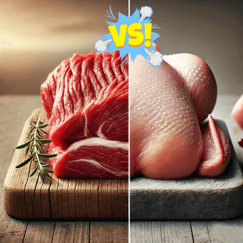 A side-by-side comparison of lamb dog food and chicken dog food, highlighting their visual differences