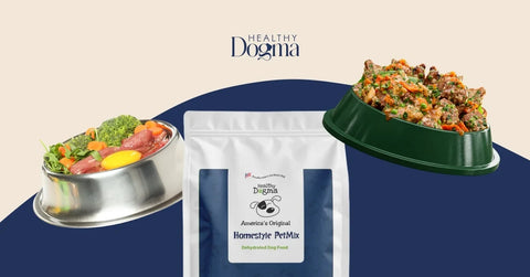 Healthy Dogma graphic comparing a bowl of raw meat and veggies to a bag of Homestyle PetMix and a green bowl of prepared, hydrated real food