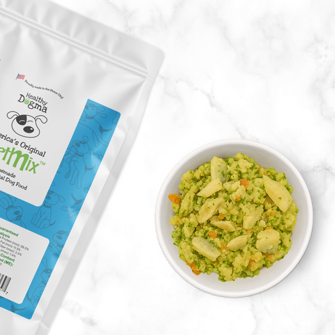 PetMix 2 pound bag with a rehydrated meal of Original PetMix in a white bowl